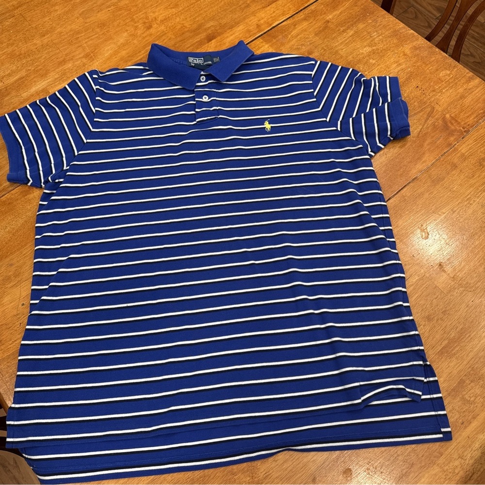 Polo Ralph Lauren Mens XXL White Navy Blue Striped Waffle Knit Polo Shirt Custom